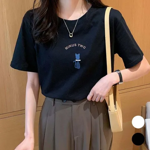 모노무드 여성티셔츠 냥이 그래픽 여성 데일리 라운드 반팔 여름 티셔츠