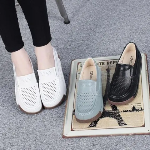 여자 펀칭 레더 플랫슈즈 코지 무지컬러 슬립온