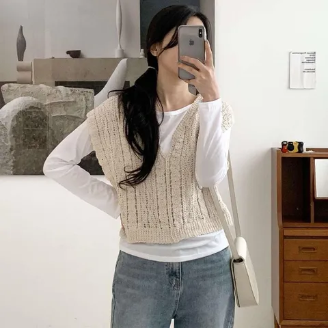 [옷자락] 여자 니트 짜임 숏 베스트 오버핏 긴팔티 세트