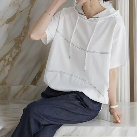 [옷자락] 여자 썸머 오버핏 스트링 반팔후드티 티셔츠
