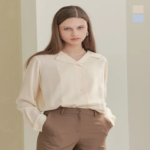 [더블유스탠다드(W STANDARD)] 지적인 오픈 카라 셔츠 블라우스