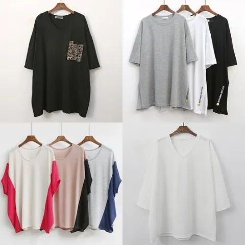 봄 여름 여자 빅사이즈 반팔 롱 스판 티셔츠 오버 핏