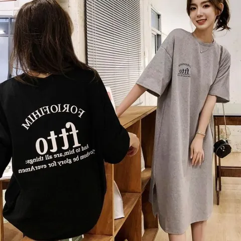 레터링 원피스 영문레터링 트임 앞뒤 여성 반팔 영문