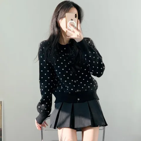 |CMJ5A76|원형 도트 포인트 라운드넥 버튼 니트 가디건