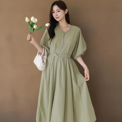 |CDO562F|여성 브이넥 퍼프 소매 벨트 플레어 롱 드레스