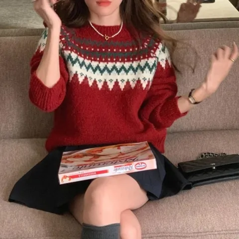 |CCT8755|크리스마스 연말룩 노르딕니트 빨간색 긴팔티셔츠