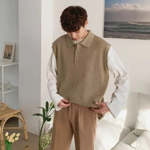 남자 카라 니트조끼 촘촘 짜임 데이트룩 니트베스트 (WE43EB3)