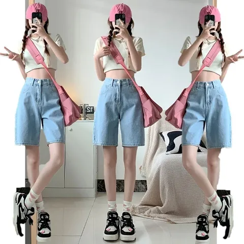 빈티지 무드 연청 클래식 데님 5부 와이드 팬츠 바지