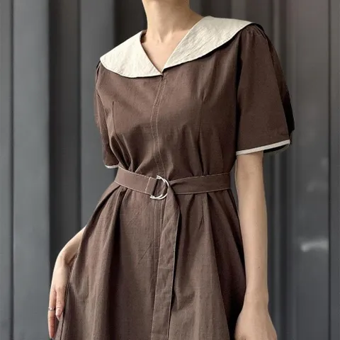 |CDO5407|여성 링 벨트 세일러 칼라 면 반팔 롱 드레스