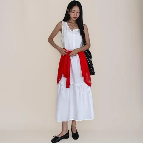 |CMO5691|여성 단색 버튼 핀턱 셔링 민소매 롱 드레스