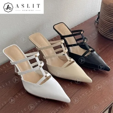 사각 찡 H 스트랩 여성 뮬 힐 사무실 슬리퍼