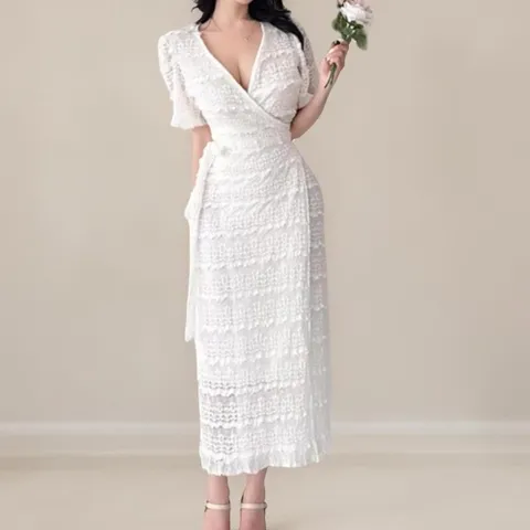 |CCO5650|여성 레이스 랩 롱 원피스 반팔 화이트 드레스