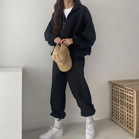 여성 2컬러 우븐소재 반집업 상하의 셋업