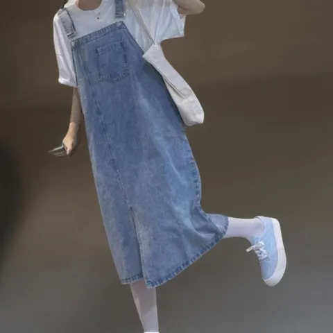 |CCO566D|여성 캐주얼 면 혼합 멜빵 데님 롱 드레스 사선 포켓