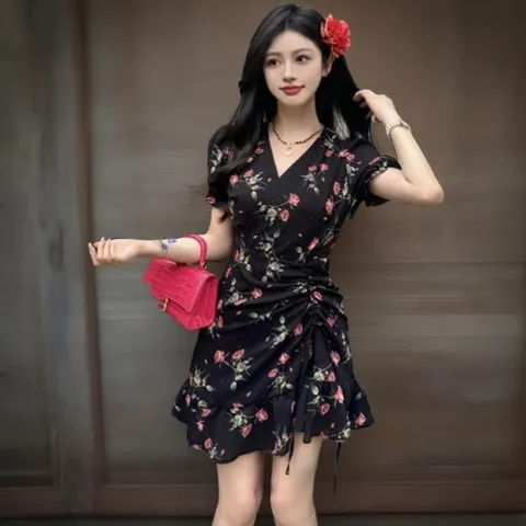 |CCO5440|여성 꽃 패턴 랩 브이넥 셔링 쉬폰 미니 드레스