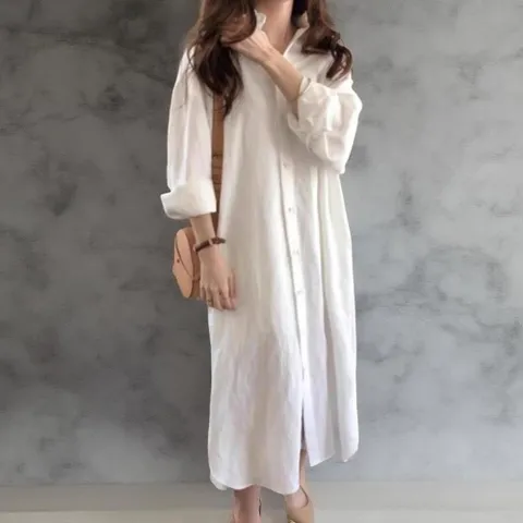 |CCO57D8|여성용 린넨 카라 셔츠 롱드레스
