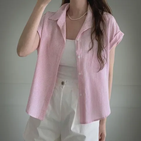 |KHT963E|여성용 파스텔 스트라이프 롤업 크롭 반팔 린넨 티셔츠