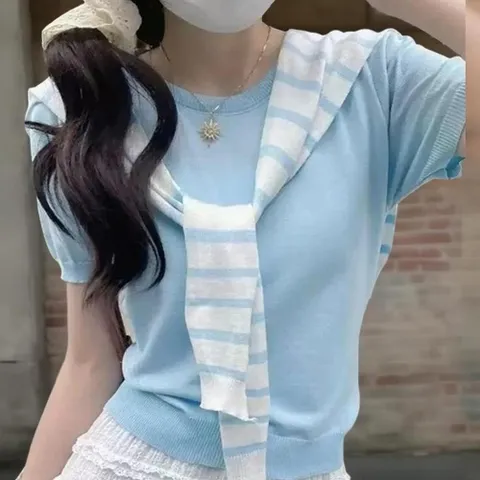 |CCD263D|여성 퍼프소매 반팔 니트 세트 단가라 패턴 키치무드