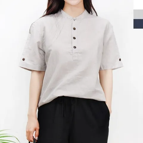 블레오 여성 봄 여름 오버핏 린넨 헨리넥 예쁜 반팔 티셔츠