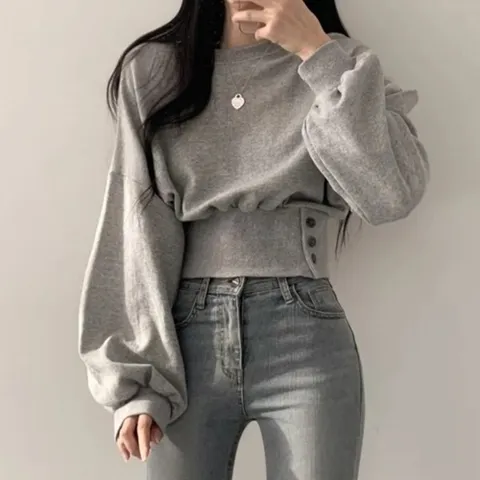 |CCT9854|여자 키치무드 허리단추 슬림 크롭 긴팔 맨투맨