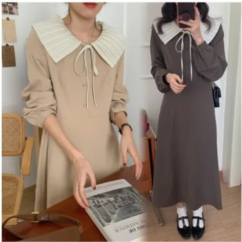 베이지 원피스 콩단추 플리츠카라 브라운 플리츠카라