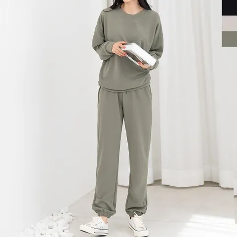 블레오 여성 봄 가을 라운드 긴팔 티셔츠 조거 팬츠 세트