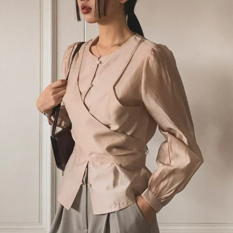 |CHH3B46|실키 퍼프블라우스 끈나시 백리본 뷔스티에 레이어드룩