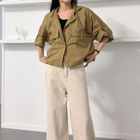 |CSJ61CA|롤업 칠부바람막이 단추 숏야상 바스락 후드점퍼
