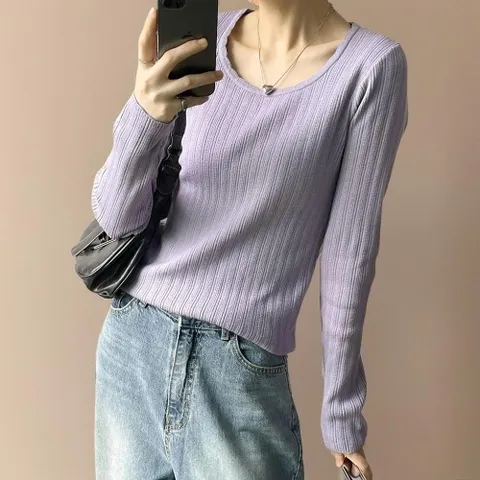 |KST9897|여자 파스텔 보라색니트 스카시 골지 스쿱넥 긴팔 니트