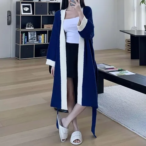 |CMJ6813|여자 클래식 포근 배색 컬러 허리끈 로브 가디건