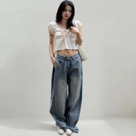 |KHH3FAE|여성용 사랑스러운 패턴 리본 스트랩 캡소매 블라우스