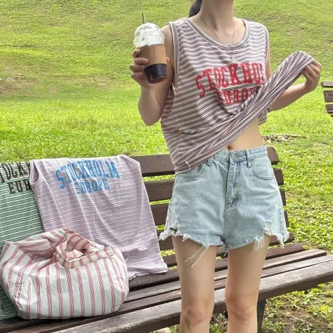 |KST94FC|여성용 스트라이프 레터링 대형 바캉스 롱 나시