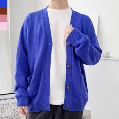 [모로엠] 남성 오버핏 브이넥 니트 가디건 코발트블루 ON-CA-QWFFJ6VW