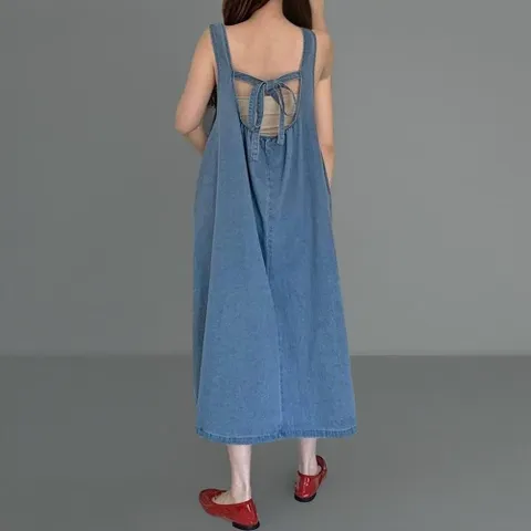 |CHO5598|여성 뒷트임 스트랩 민소매 핀턱 데님 롱 드레스