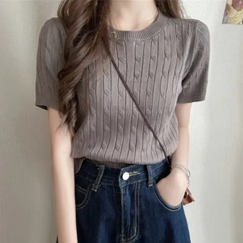 |CCT8FE1|여성 기본 케이블 라운드넥 반팔 니트