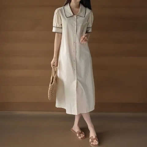 |CHO55E0|여성용 사랑스러운 스티치 카라넥 반팔 롱 원피스