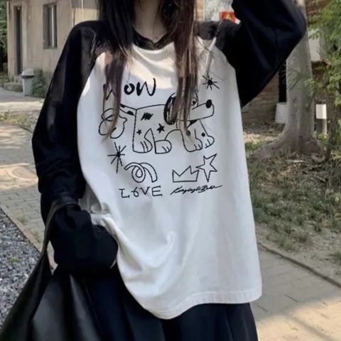 러블리 여성 프린트 소매 배색 긴팔 티셔츠