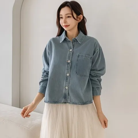|CSJ623E|슬림 청자켓 셔츠핏 라이트블루 봄아우터 여성셔켓