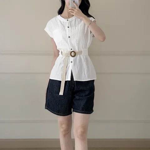 |CSH3EC6|여성용 여름 사무복 파스텔 컬러 면 캡소매 벨트 블라우스