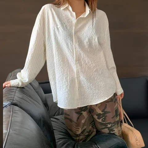 |CMH407F|여성용 스트라이프 패턴 오버사이즈 면혼합 시어서커 블라우스