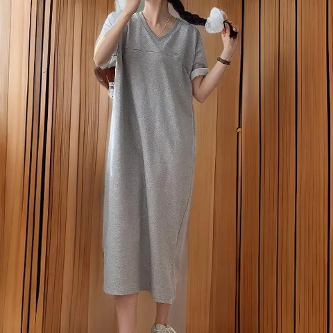 |KSO53C4|여성 브이넥 슬릿 롱드레스 무채색 반팔 펜던트 스타일