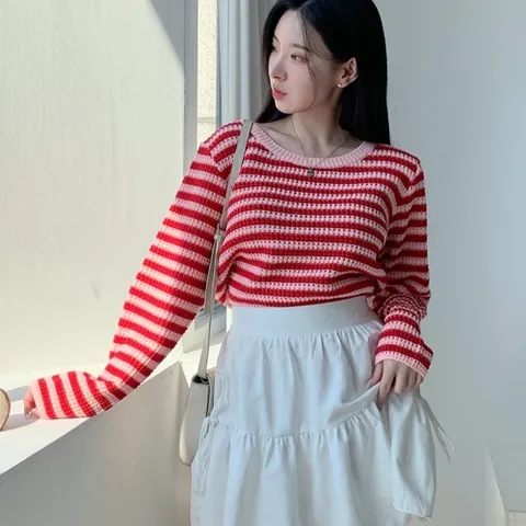 |KHT8C72|펀칭니트 라운드넥 키치룩 스트라이프 뜨개 스트라이프