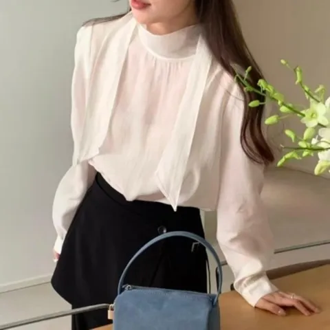 |CCH4321|여성 퍼프 소매 리본 타이 블라우스 오피스 패션