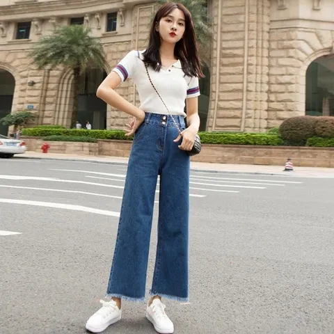 여성 캐주얼패션 날씬 와이드핏 데일리 진청 통바지