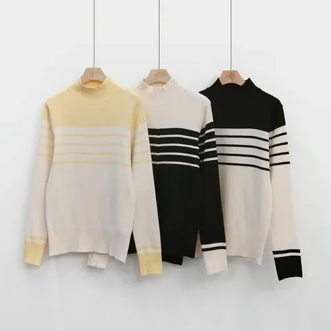 여성 단가라 터틀넥 배색 니트 티셔츠 BDR-WKN-2136