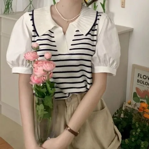 니트베스트 라운드넥 블라우스레이어드느낌 여름티셔