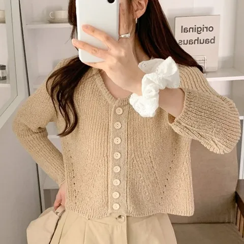 |CSJ62C2|부클가디건 크롭니트 오픈 단추 살안타 얇은긴팔 펀칭
