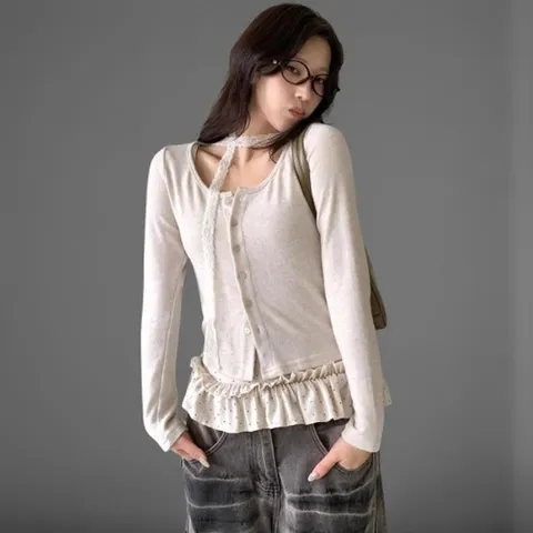 |CHJ692B|여성 도트 레이어드 가디건 레이스 초커넥 프릴 디자인