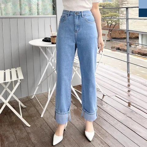 블레오 여성 여름 와이드 일자 롤업 데일리 데님팬츠 청바지