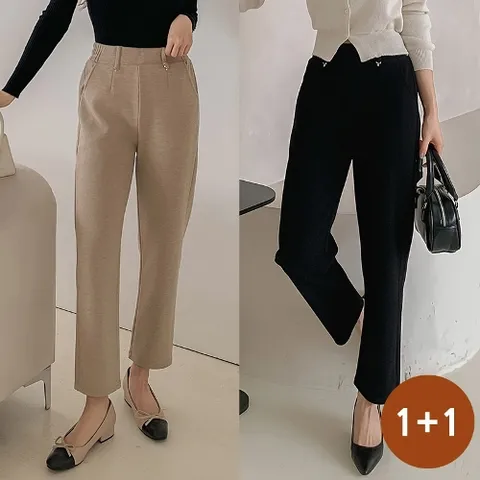 [1+1] 여성 간절기 하이웨스트 9부 금장펜던트 인생핏 밴딩 슬랙스 팬츠 3컬러 5사이즈(55~99) Bon-2508s